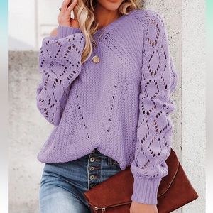 Sidefeel Women Crochet Hollow Out Crewneck Long Sleeve Knit Sweaters